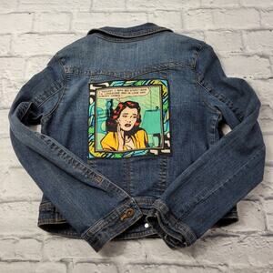 Upcycled Embellished One World Retro Comic Panel Denim Jacket size Small